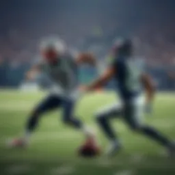 Two football players competing on the field during the Pats and Seahawks game, showcasing athleticism and teamwork.