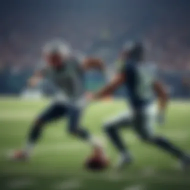 Two football players competing on the field during the Pats and Seahawks game, showcasing athleticism and teamwork.
