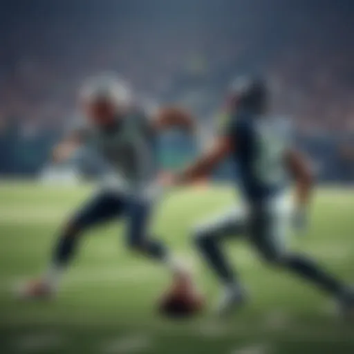 Two football players competing on the field during the Pats and Seahawks game, showcasing athleticism and teamwork.