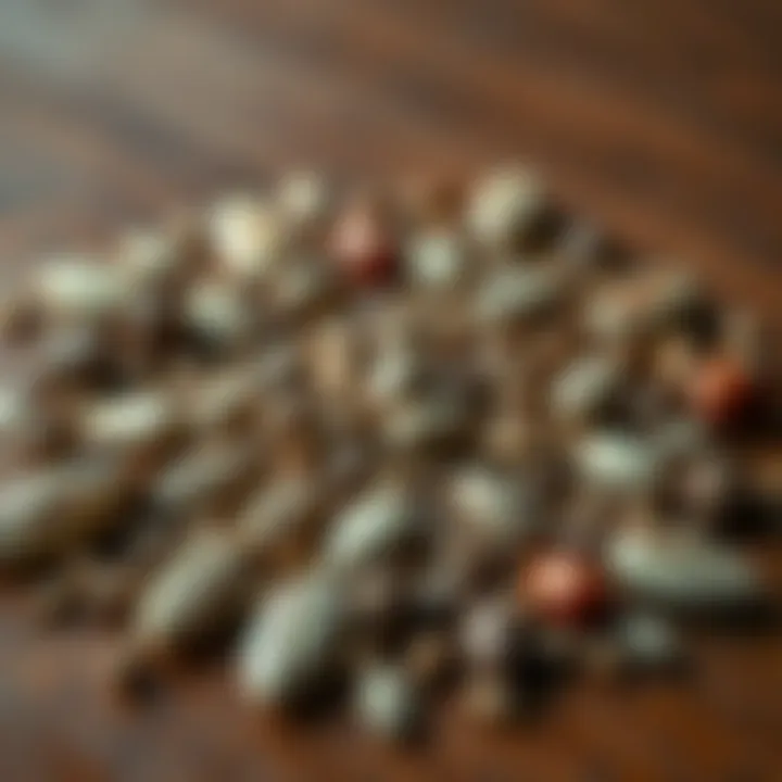 A close-up of various seeds arranged in a pattern on a wooden surface, showcasing different shapes and colors.
