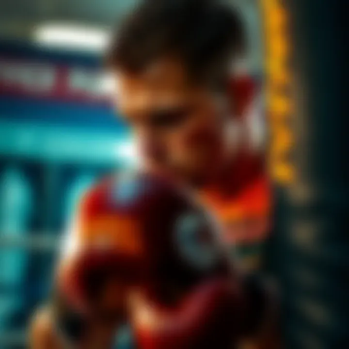 Pavlovich focuses during a training session, showcasing his intense preparation with a punching bag and boxing gloves