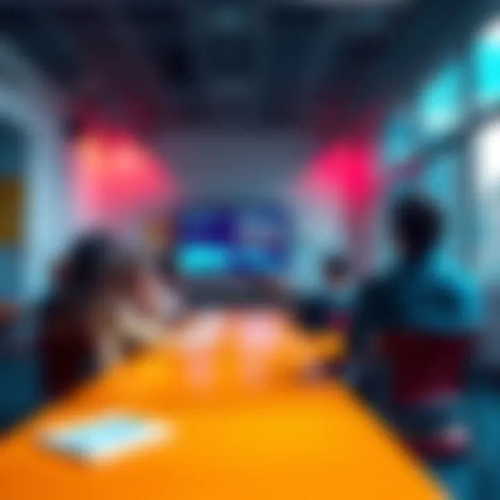 A classroom with students looking at a paywall screen, symbolizing the concept of paying for knowledge.
