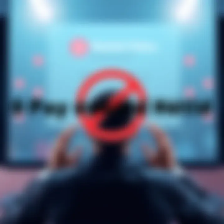 A graphic showing a canceled payment symbol with a frustrated person looking at a screen, highlighting the unavailability of monthly payments.