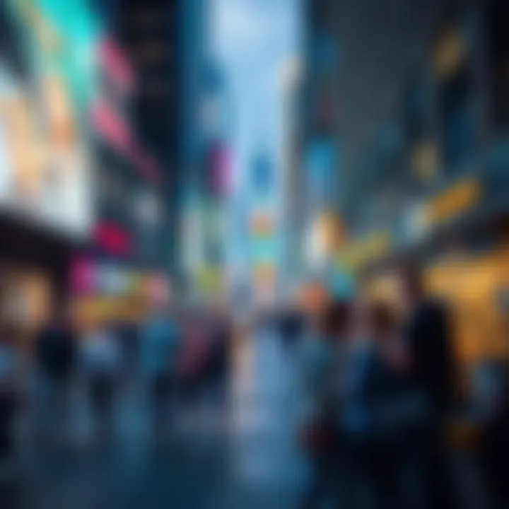 A view of a bustling New York street with people discussing a new peer to peer system, showcasing excitement and engagement.