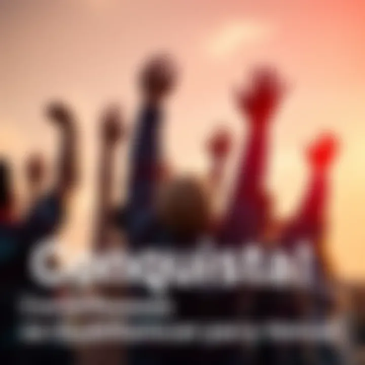 A group of diverse individuals celebrating success with raised hands in a bright outdoor setting, symbolizing achievement and motivation.