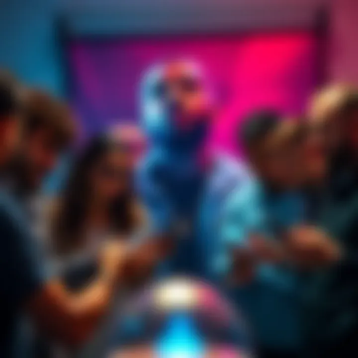A group of people excitedly discussing betting strategies while looking at their phones, with Drake's image in the background