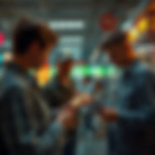 A group of people at a store examining scratch-off lottery tickets, discussing their choices