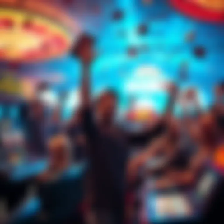 A group of people joyfully celebrating a big win at the casino, surrounded by slot machines and confetti