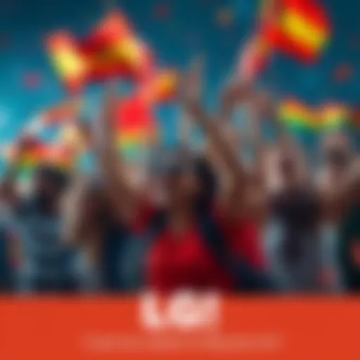 A group of diverse individuals joyfully expressing enthusiasm, waving flags and cheering together, symbolizing the meaning of LFG in modern communication.