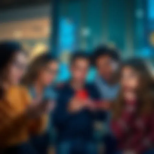 Group of people engaged in a conversation on their smartphones showing expressions of surprise and curiosity.