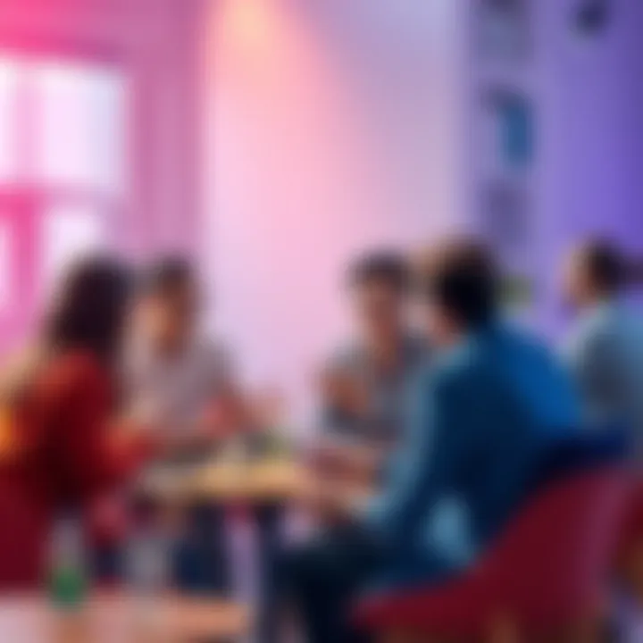 A diverse group of people sitting together, actively discussing and sharing ideas in a friendly atmosphere.