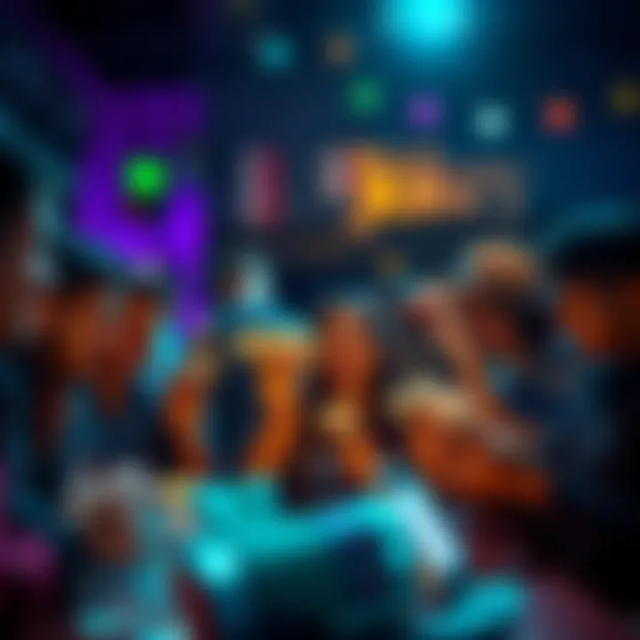 Group of people excitedly counting cash in a lively setting at night