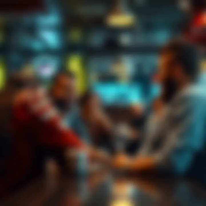 A group of people engaged in a lively discussion about monthly bonus payments in a busy café.