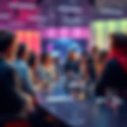 Group of people engaged in conversation about future topics in a forum setting