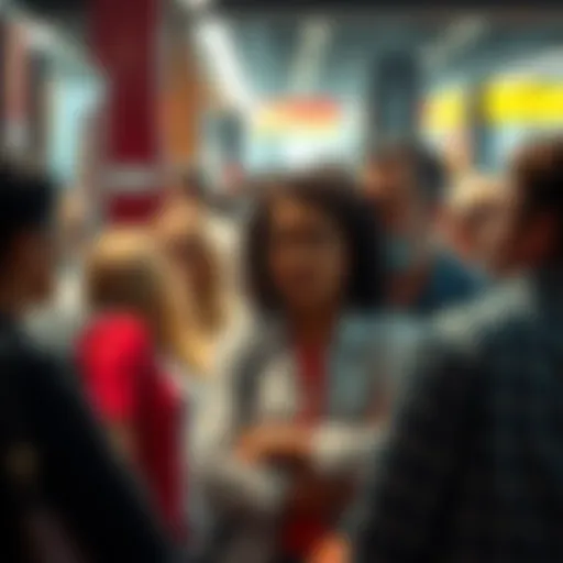 A group of people engaged in a heated discussion about injury reimbursements in a public space, with expressions of concern and debate.