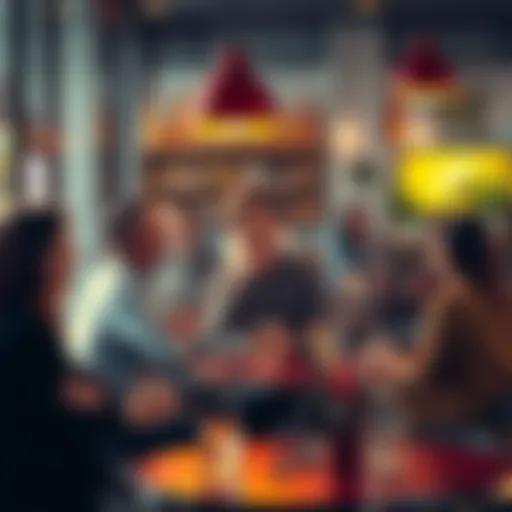 A group of people at a café sharing opinions about mensal, highlighting its benefits and drawbacks