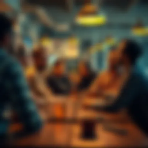 A diverse group of people sharing ideas and debating the accuracy of predictions in a casual setting