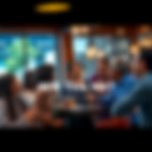 A diverse group of people in a coffee shop talking animatedly about current events and their implications.