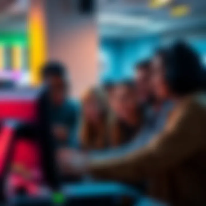 A diverse group of people looking at a computer screen with excitement, discussing online betting options on FanDuel.