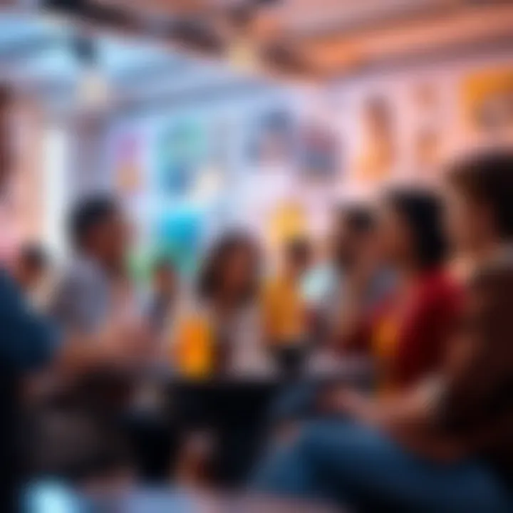 A diverse group of people sharing ideas and experiences in a lively setting, symbolizing the Hey Now movement.