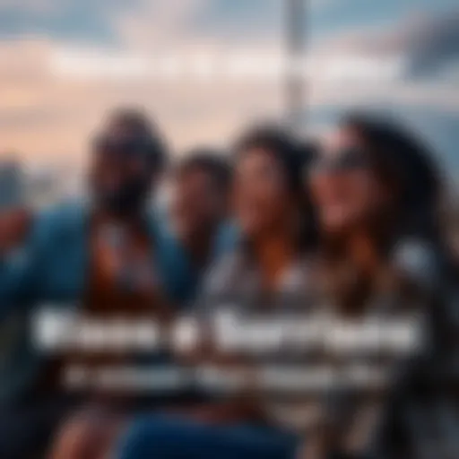 Group of friends laughing and smiling while listening to music outdoors