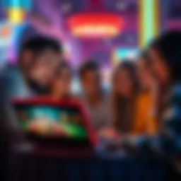 A group of friends discussing online casinos and watching a streamer on a laptop