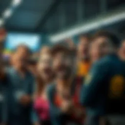 A group of people showing various emotions like surprise and amazement in a public setting