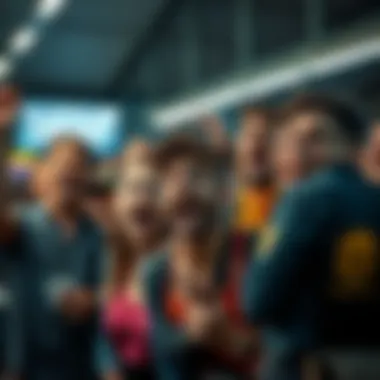 A group of people showing various emotions like surprise and amazement in a public setting