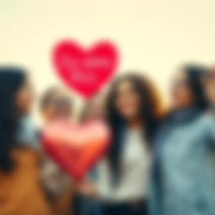 A group of friends smiling and sharing a moment of joy, with one person saying 'I love this' while holding a heart-shaped balloon.