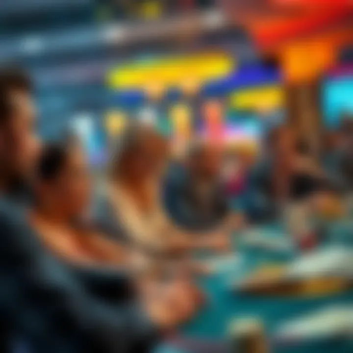 A group of individuals engaged in various casino games, showing a mix of excitement and tension on their faces while betting money.