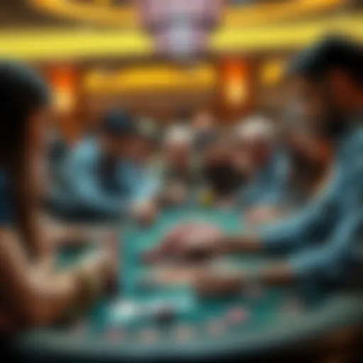 A diverse group of people gathered around a casino table, placing bets on cards and chips, showing excitement and tension.