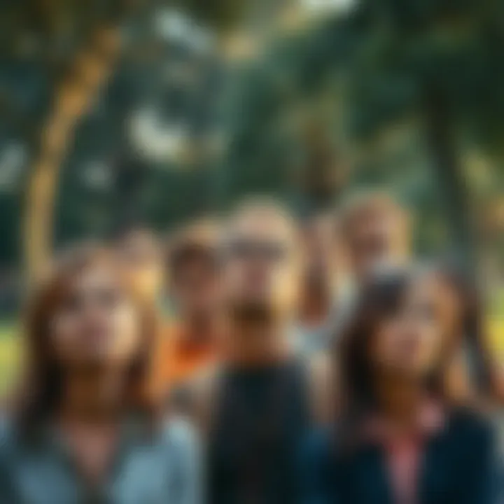 A group of people looking puzzled in a park, showing mixed emotions of surprise and curiosity.