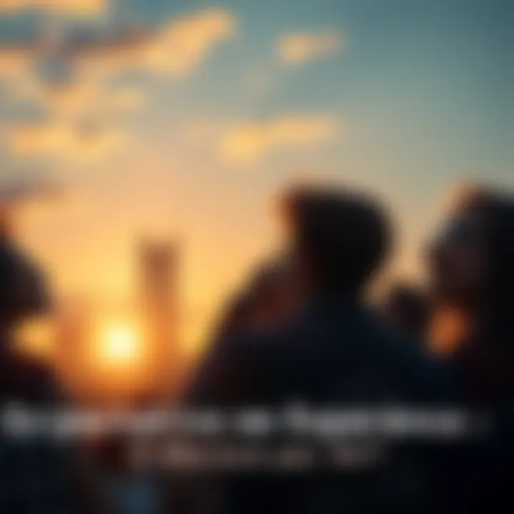 A group of diverse individuals gazing hopefully at a sunrise, symbolizing optimism and new beginnings.