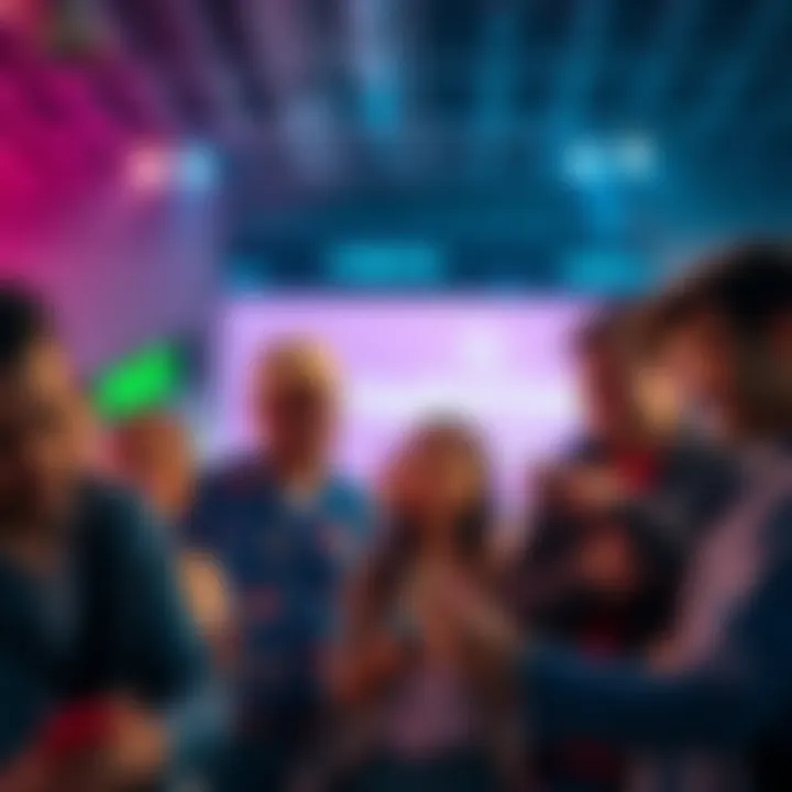 A group of people looking excited while checking their phones, with a banner for Realprize in the background