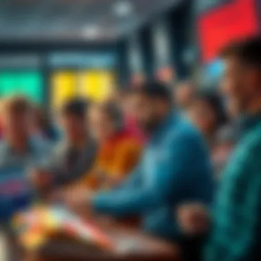 A group of diverse people engaged in placing bets on various events, discussing odds and strategies, with a focus on excitement and anticipation.