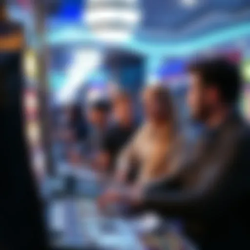 A group of people gathered around a slot machine, focused on their game, with coins and money on the table.