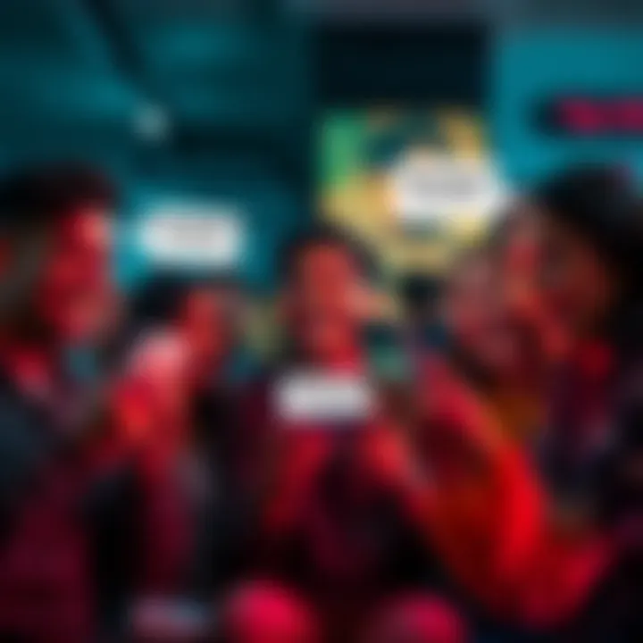 Group of people laughing and sharing responses to the meme expression 'Bruhh!!!!!!' on their phones, creating a fun atmosphere.