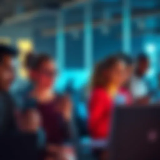 A group of people using laptops and smartphones to reach out for support on forums, showing emotions and connection.