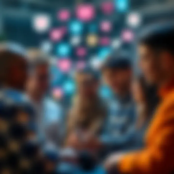 A group of diverse people engaged in conversation, sharing tips and advice on a digital platform, with social media icons in the background.
