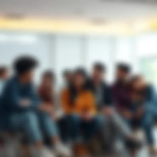 A group of diverse individuals sitting together, discussing and sharing their experiences and emotions, showing support and understanding for each other.