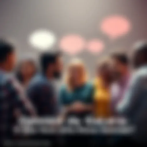 A group of diverse people engaging in a lively discussion, sharing their opinions on a controversial topic, with speech bubbles representing their thoughts.