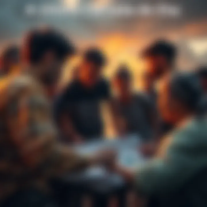 A group of people discussing plans and sharing ideas during a critical moment, showcasing resilience and hope.