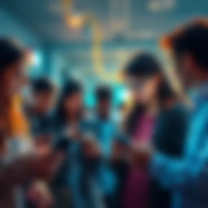 Group of people interacting through smartphones, highlighting modern communication methods