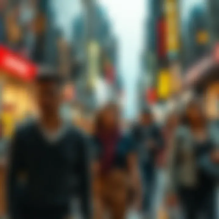 People expressing anxiety in a modern city A diverse group of people showing visible signs of anxiety and worry while walking in a bustling city environment, representing collective fears.
