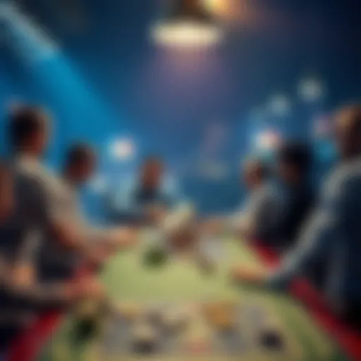 A group of people discussing bets and predictions for future events around a table