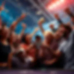 A group of diverse people joyfully celebrating after winning a bet, with money and betting slips visible.