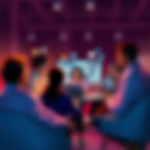 Group of people engaging in discussion on social media platforms, sharing ideas and collaborating in a virtual setting.