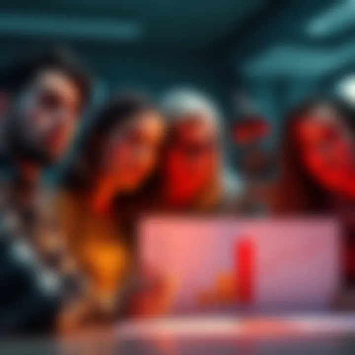 A group of people showing expressions of disappointment while looking at a broken promise chart