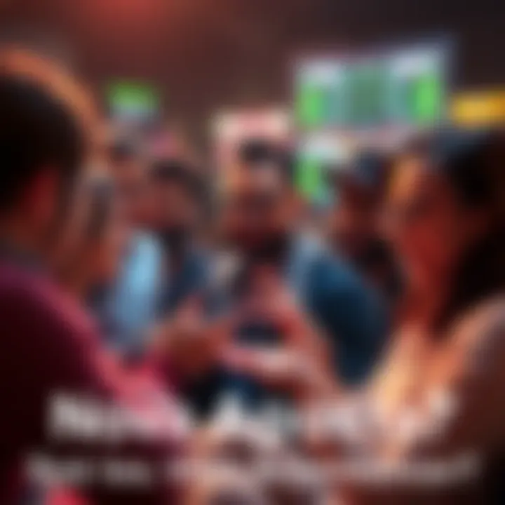 People discussing future bets A group of people engaged in a lively discussion about potential outcomes of a new betting trend, with expressions of curiosity and excitement.