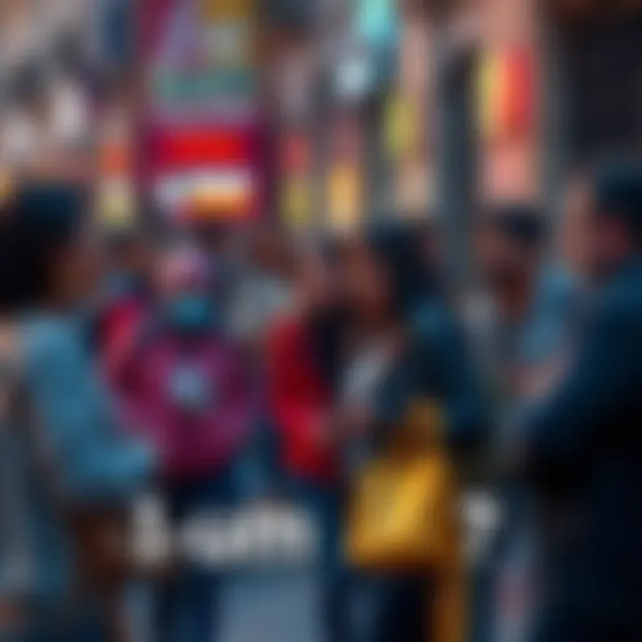 A group of people having a casual conversation on the street about what it means to be a lock, with expressions of curiosity and engagement.